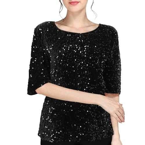 Sequin Blouse Women Shimmer Glitter Shirts Sparkle Tops 3/4 Sleeve Crew Neck Tshirts Loose Fit Elegant Tee Shirt Party Club Casual Soft Comfy Tunic Top Ladies Plus Size 8-18