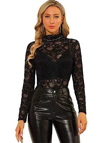 Allegra K Women's Long Sleeve Mock Neck Sheer Floral Lace Blouse Top