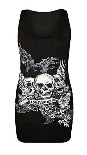 janisramone Ladies Womens New Glitter Detail Forever Young Skull Print Racer Back Sleeveless T Shirt Vest Top