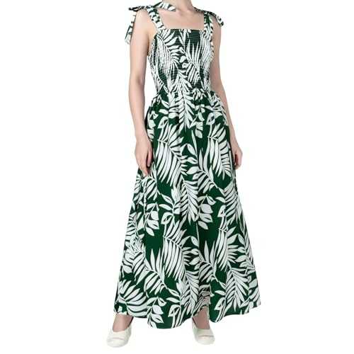 Bohemian Maxi Dresses for Women UK with Tie Shoulder Straps Leave Print Smocked Elastic Waist Long Dress Elegant Cocktail Party Holiday Beach Sundress Flowy Swing Ruffle Hem Ladies Dresses