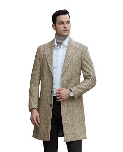 Diaryan Mens Trench Coat Herringbone Wool Peak Lapel Single Breasted Long Slim Fit Pea Coat Business Suit Jacket for Men