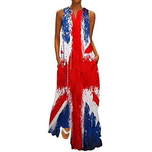 HOOUDO Union Jack Dresses for Women with Pockets 90s Fancy Dress Costumes Long Maxi Casual Sleeveless British Flag Dress Union Jack Clothing Ladies Summer Coronation Dresses Sun Beach Dress