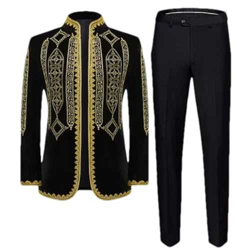 Men Palace Banquet Banquet Suit 2 Piece Classic Black Standing Collar Embroidered Blazers Jacket and Trousers