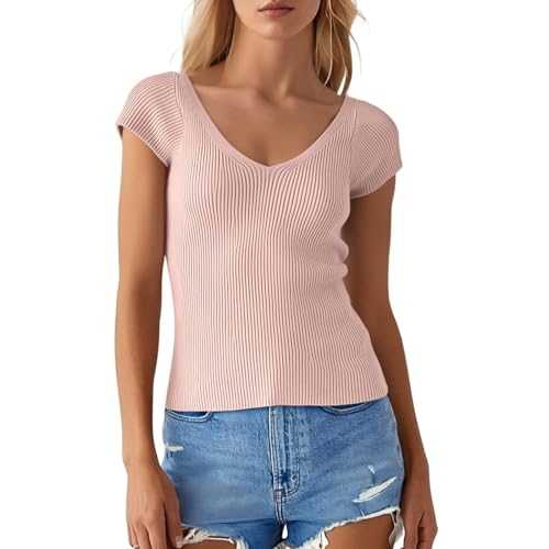 Women's V-Neck Pure Colour T-Shirt for Everyday Use and Glitter Top