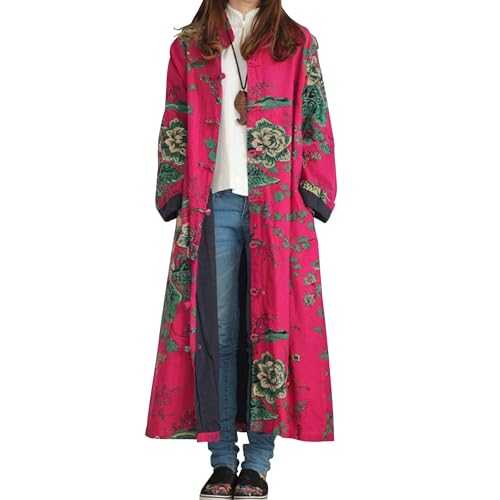 LZJN Women's Cotton linen Trench Coat Floral Print Long Jacket with Pockets