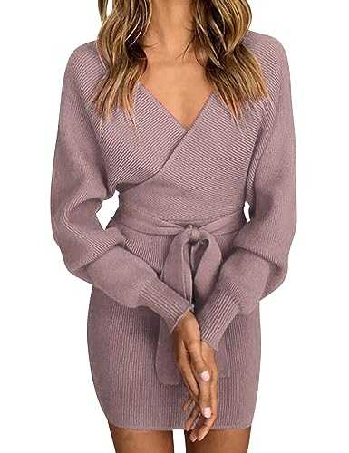 Vancavoo Women's Knit Dress Elegant Sweater Dress V-Neck Jumper Dress Bat Long Sleeve Hip Skirt Ladies Knitted Backless Pullover Dress with Belt Slim Fit Knitwear for Autumn Winter