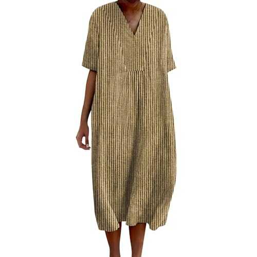 Women's Linen Dresses V Neck Half Sleeve Vintage Floral Print Summer Sundress with Pockets Loose Comfy Beach Holiday Casual Flowy Swing Midi Dress for Cruise Travel