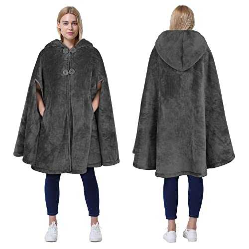 Women Hooded Poncho, Sherpa Fleece Cloak Coat, Soft Warm Snuggly Blanket Cape, Cozy Plush Wearable Blanket for Adult, Gift Idea for Adults and Teen Girls, Grey