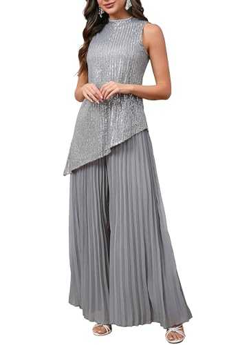 VERWIN 2 Piece Outfits Sequins Top Asymmetrical Sleeveless Top Wide Leg Long Pleated Pants Lounge Set Mock Neck Shirt