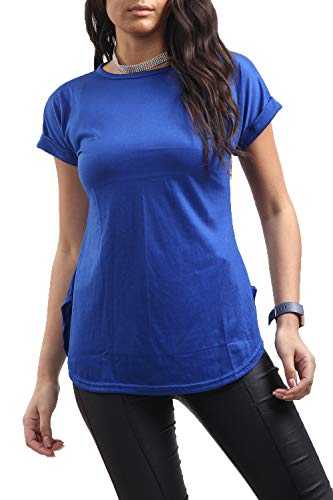 Womens PlainRound Neck Curved Hem Turn Up Cap Sleeve Jersey Basic Casual T Shirt Tee Top