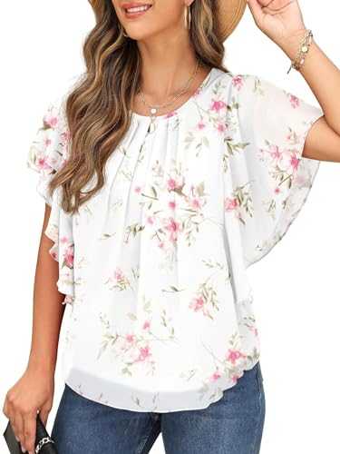 QIXING Womens Summer Blouses Casual Ruffle Sleeve Loose Round Neck Chiffon Flowy Ladies Tops Tunic for Women UK