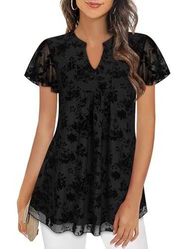 Flutter Sleeve Tops for Women Dressy Casual V Neck Layered Chiffon Blouses Floral Mesh Shirts Wedding Guest Dresses Party Beach Flowy Tunics M-3XL