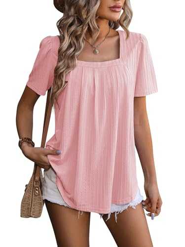 LEKOPUR Ladies Blouses Square Neck Tops Short Sleeve Womens Blouses Pleated Tunic Tops Floaty Spring Summer Going Out Tops T Shirts for Women Size UK 10/12/14/16/18
