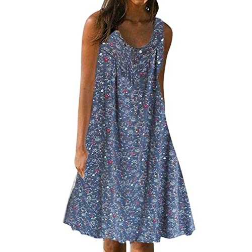 V Neck Dresses for Women UK Hide Tummy Comfortable Linen Summer Dresses Sleeveless Dress with Round Neckline, Floral Print, and Loose Fit for Beachwear