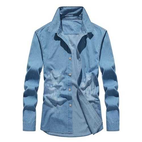 Men Denim Shirt Spring Autumn Solid Colour Long Sleeve Shirt Slim Fit Lapels Men Casual Shirt Daily Retro Solid Colour Men Button Down Shirt