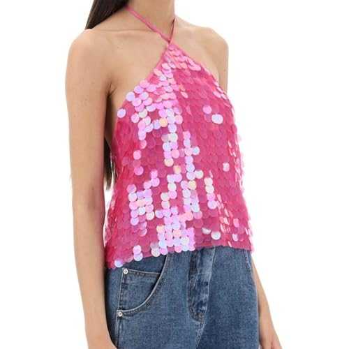 Nicoxijia Womens Sexy Sequin Sparkle Halter Crop Tops Y2k Bling Glitter Backless Summer Tank Top Night Out Party Rave Outfits