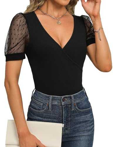 Fayenne Womens Tops Deep V Neck Cross Wrap Sexy Tops Polka Dot Mesh Short Sleeve T Shirt Casual Blouses