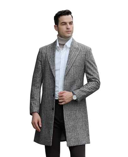 Diaryan Mens Trench Coat Herringbone Wool Peak Lapel Single Breasted Long Slim Fit Pea Coat Business Suit Jacket for Men