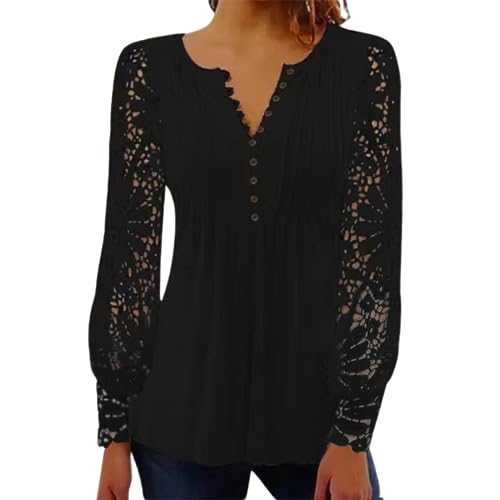 BISKAMY Tops for Women UK Elegant Ladies Tops Lace Patchwork Shirts Long Sleeve V Neck Blouse Plus Size Casual Loose T-Shirt