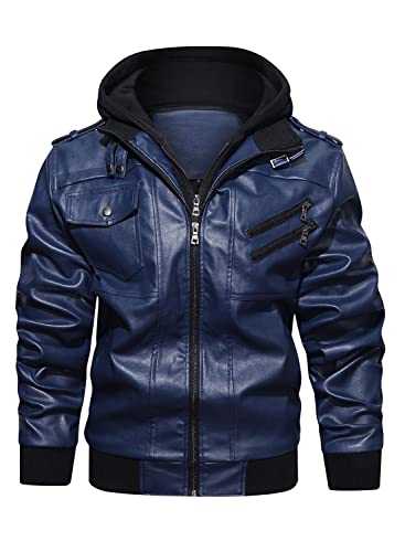 HOOD CREW Men’s PU Faux Leather Motorcycle Bomber Jacket With a Removable Hood