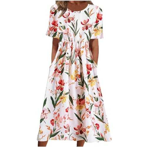 RLEHJN Floral Dresses for Women UK Elegant Sale Clearance Summer Short Sleeve Midi Dresses Casual Beach Swing Dresses Elasticated Waist Tunic A Line Dresses Long Sundresses with Pockets