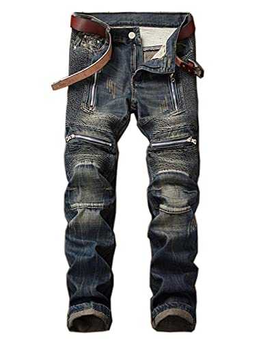 DSDZ Men's Ripped Patchwork Pleated Stretch Biker Jeans with Zippers