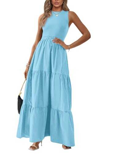 BTFBM Women Sleeveless Summer Dresses Wedding Guest Maxi Dresses Ribbed Knit Tops and Polyester Skirt with Pockets