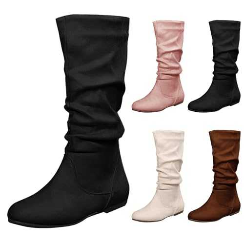 Slouchy Mid Calf Flat Boots for Women UK Clearance Mid Calf Boots Women Suede Slip On Casual Boots with Side Zipper Pull on Slouch Flat Boots Faux Leather Calf Length Flats Boots