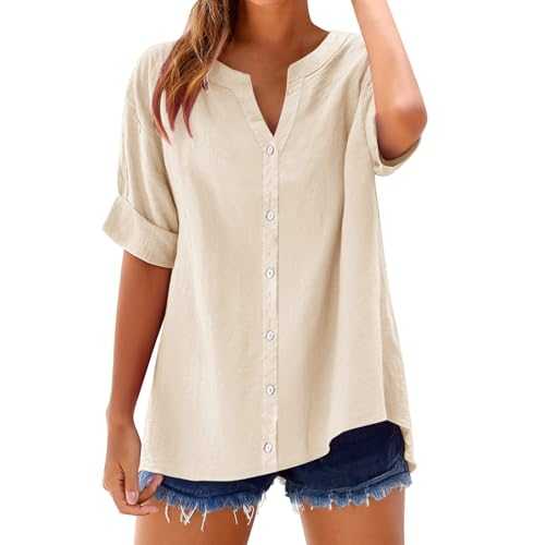 Nuaoxyeu Women Tops V Neck Stand Collar Short Sleeve Shirts Casual Lightweight Linen Blouse Plus Size Tunic Tops Casual Loose Fit Going Out Clothes for Ladies Summer Tees