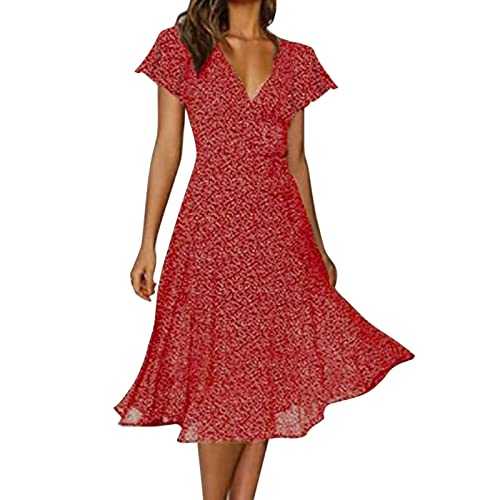 Summer Dresses for Women UK Fashion Floral Print Maxi Dress Elegant V Neck Short Sleeve Beach Wear Slim Fit Waist Going Out Flowy Ruffle Dressing for Daily Vacation