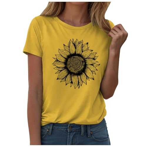 Sunflower Women's T-Shirts Short Sleeve Ladies Tops Summer Crew Neck Basic Tops Flower Graphic Print Tee Shirts Loose Casual Black Tshirt for Outdoor Summer