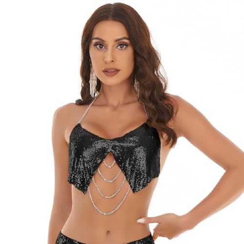 Women Glitter Sparkle Sequin Halter Neck Crop Top Body Chains Sexy V-Neck Sleeveless Shirt Vest Show Party Night Out Disco Outfit for Night Club