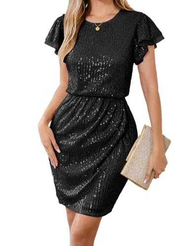 GRACE KARIN Sequin Dresses for Women UK Glitter Short Flounce Sleeve Wrapped Party Cocktail Bodycon Mini Dresses