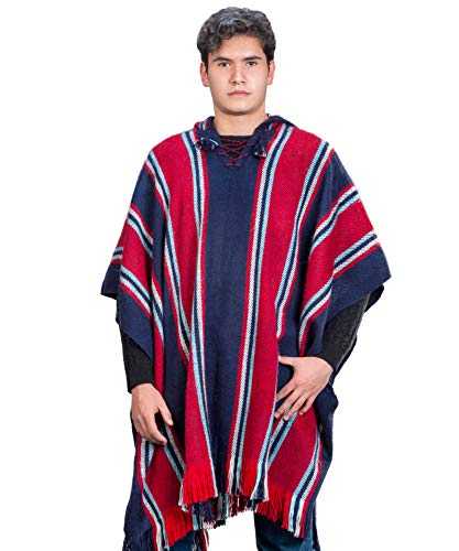 INTI ALPACA Navy Blue and Red Hooded Poncho for Men - Cloak Cape Handmade by Peruvian Artisans in Alpaca Wool