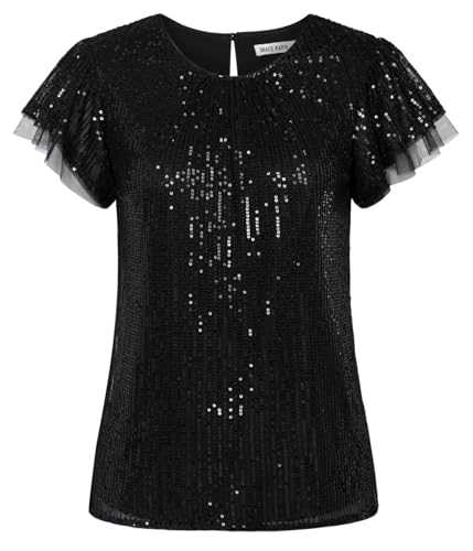 GRACE KARIN Sequined Tops for Women UK Summer Short Flounce Sleeve Blouses Shirts Loose Party Club Outing Shirts