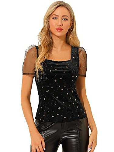 Allegra K Women's Square Neck Glitter Star Pattern Short Sleeve Velvet Top