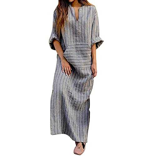 Nidddiv Maxi Dresses for Women UK Cotton Linen Casual Oversized Tunic Dress Long Sleeve Pullover Dress Ankle Length Beach Cover Ups with Kangaroo Pockets Baggy T Shirt Dress V Neck Spring Dress