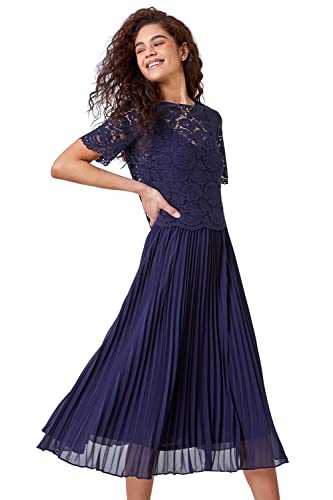 Roman Originals Women Lace Pleated Dress - Ladies Swing Skater Midi Ball Gown Cotton Special Occasion Party Formal Wedding Guest Mother of The Bride Groom Fit and Flare - Navy - Size 12