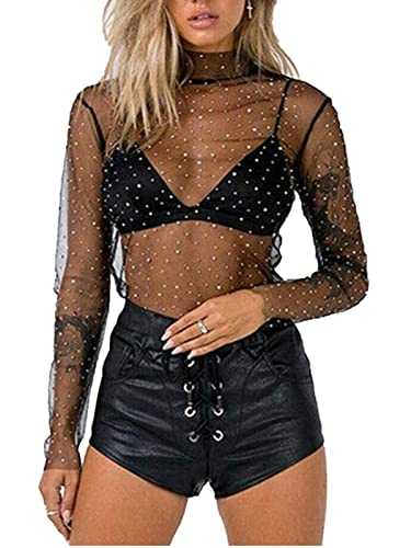 FeMereina Women's Long Sleeve Glitter Sheer Mesh Tops T Shirt See Through Turtleneck Neck Sequin Blouse Clubwear