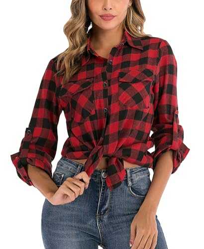 Yukiuiny Women's Flannel Plaid Shirt,Long Sleeve 100% Cotton Blouse,Button Down Casual Check Shirts Basic Tops