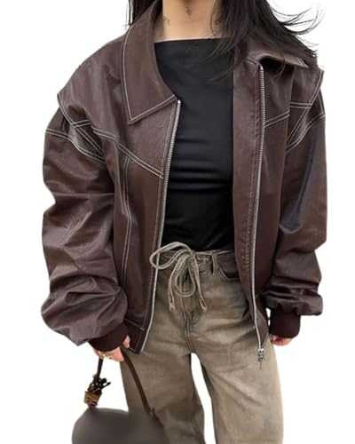 utcoco Women's Faux Leather Motorcycle Jacket Oversized Zip Up Winter Coat Outerwear 2024 Fall Fashion Clothes