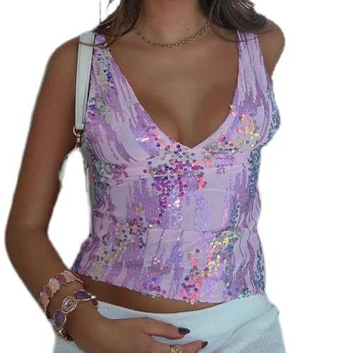 Yoisdtxc Women Y2K Sequin Cami Top Pearl Rhinestone Sleeveless Tank Top Sparkle Glitter Backless Crop Top Going Out