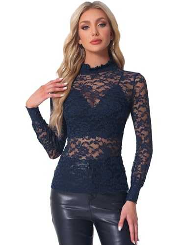 Allegra K Women's See Through Stretch Tops Smocked High Neck Long Sleeve Lace Blouse