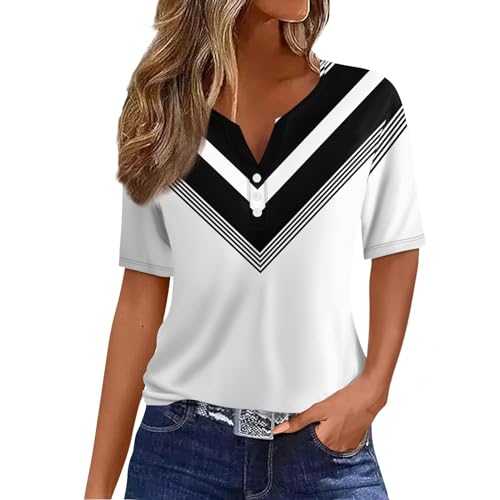 Summer Short Sleeve Shirts for Women UK 2024 Tunic Tops T-Shirt Trendy Casual Floral Graphic Shirts Tunic Blouses V Neck Boho Henley Tees Shirt