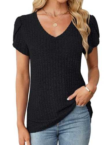 Gemulate Tops for Women UK Ladies V Neck Short Sleeve Tops Casual Ribbed Lightweight Summer Tunic Top T Shirt Blouses S-2XL
