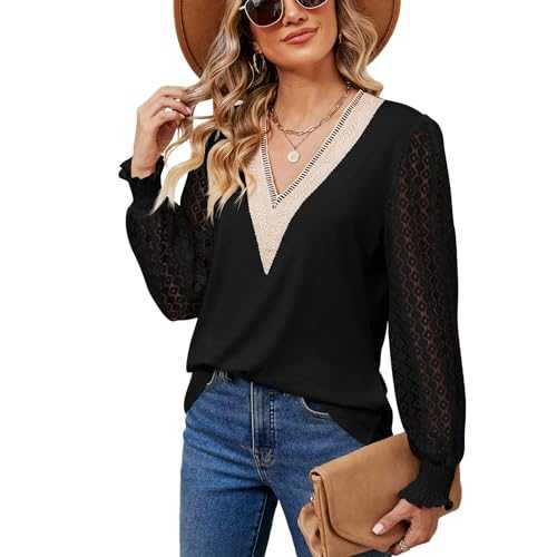 LEKOPUR Ladies Lace Long Sleeve Blouses Elegant V Neck Women's Blouses & Shirts Loose Casual Going Out Tunic Tops for Women