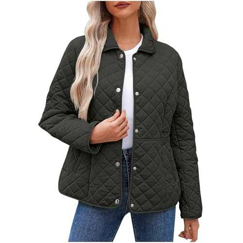 Jackets for Women Uk Quilted Thermal Coat Button Up Puffer Jackets Warm Cotton Outerwear Casual Loose Winter Coats Long Sleeve Solid Color Fall Winter Jacket with Pockets