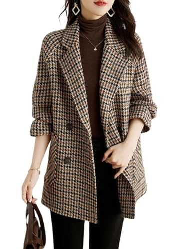 utcoco Womens Notched Lapel Pea Coat Double Breasted Blazer Jackets Houndstooth Woolen Blend Overcoat with Pockets