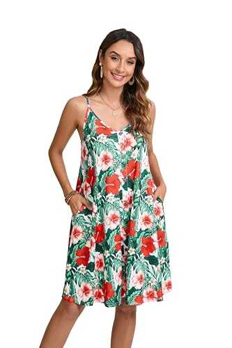 Enmain Womens Summer Dress Spaghetti Strap Dresses Casual Knee Length Swing Floral V Neck Sleeveless Dress with Pockets for Beach Hawaii S-2XL