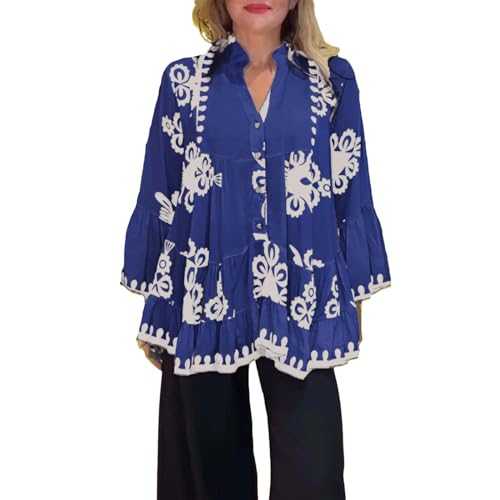 Summer High End Sense Light Mature V Neck Casual Printed Top Long Sleeved Tops Womens